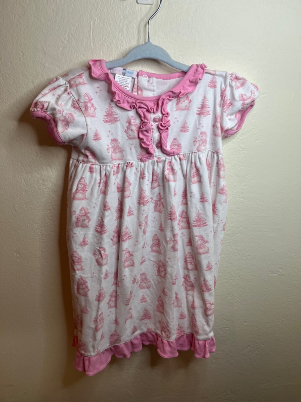 Baby Loren Pima Cotton Pink Ruffle-Trim Nightgown with Printed Snow Friends 3y